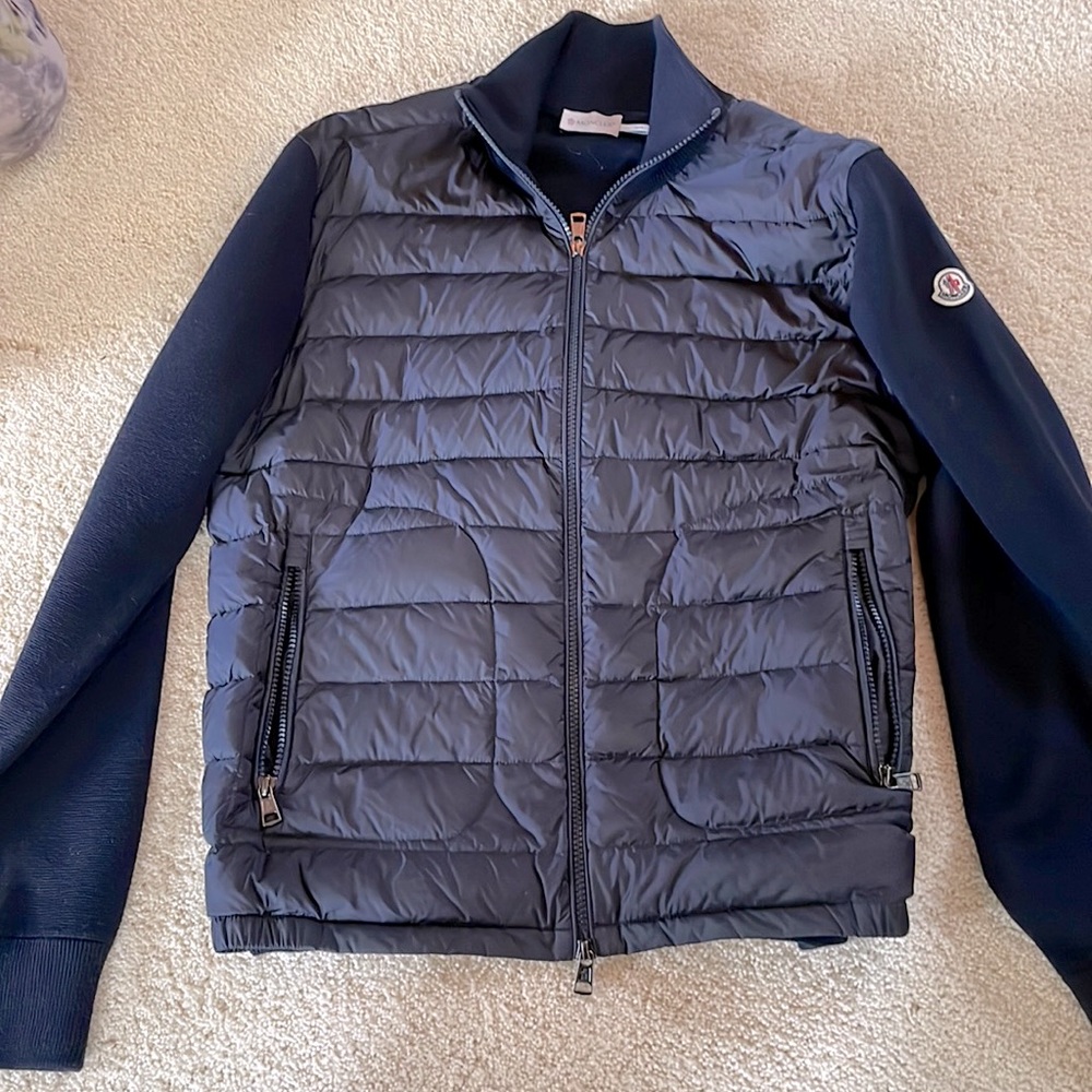 Moncler, navy blue full zip up. Never worn. Size large.